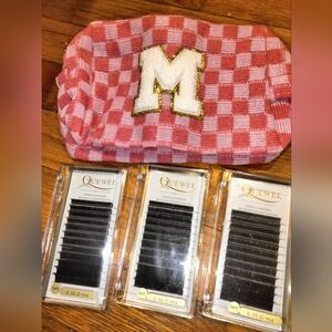Pink Checkered Makeup Pouch with Letter M Patch & Eyelash Extensions - Eyelashes
